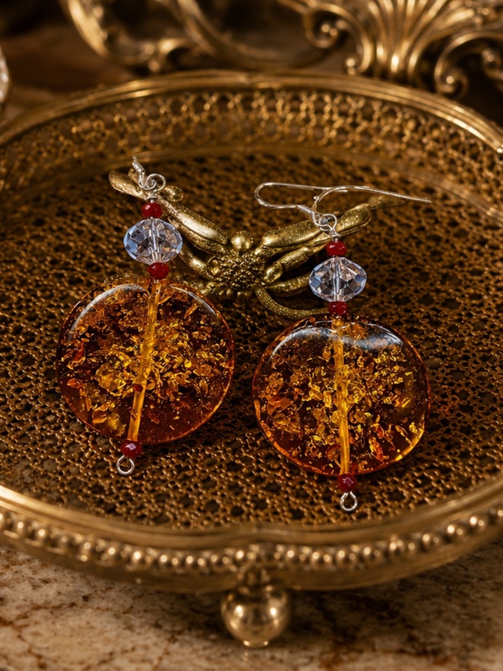 Baltic Pressed Amber from Poland and Czech Crystals Vintage large earrings